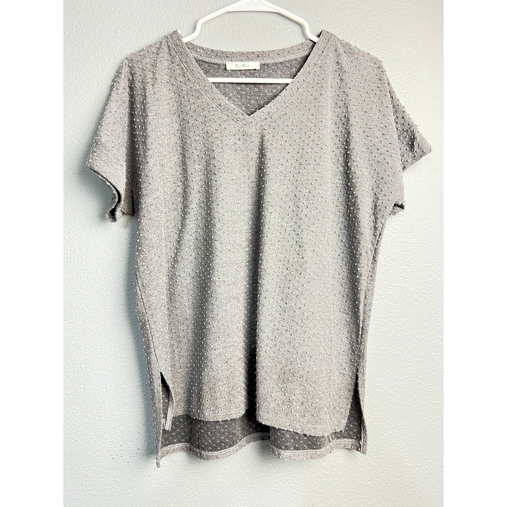 Tres Bien Womens Grey Textured Dot V-Neck High-Low Short Sleeve Top Small Casual
